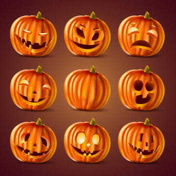 Set of vector 3d Halloween pumpkins head jack lantern. Collection emotions face icon for holiday design