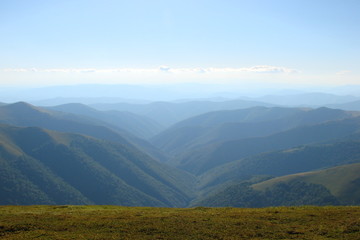 Panorama of mountain forests on the slopes of the Carpathians on the background of the summer blue sky.