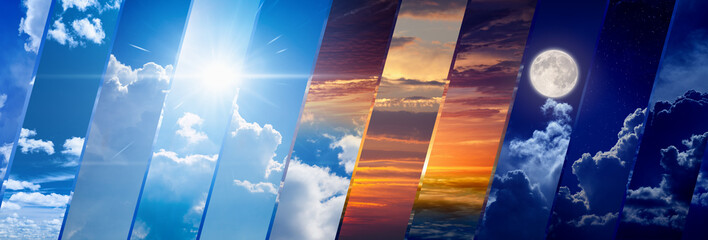 Weather forecast wide banner, day and night - obrazy, fototapety, plakaty
