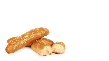 Light and delicious baguette bread isolated on white background, home made food with sesame. copy space, template