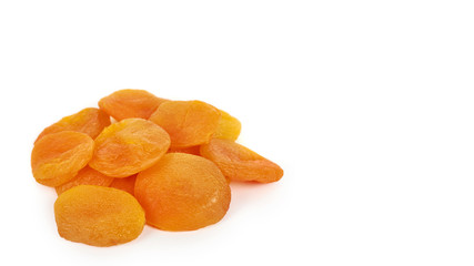 delicious and healthy dried apricots isolated on white background, healthy sweet snack. copy space, template