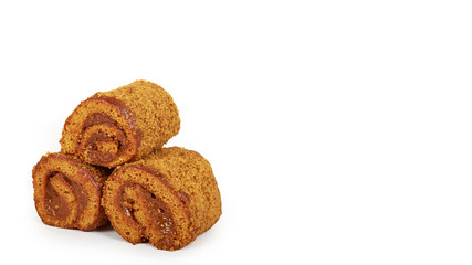 delicious chocolate with milk Swiss roll cake isolated on white background, home made dessert. copy space, template