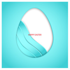 White Easter egg with wavy lines on blue background. Red greeting text Happy Easter. 3d vector card. Minimalist design with simols of water, health, life and Christianity
