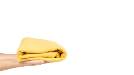 Warm winter clothes in hand isolated on white background. Sale and buy. copy space, template