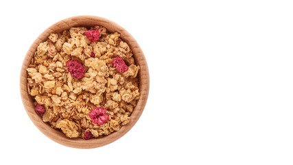 homemade granola with dried fruits in wooden pot isolated on white background. copy space, template