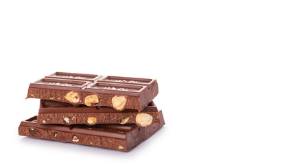 chocolate bar with nuts isolated on white background. copy space, template