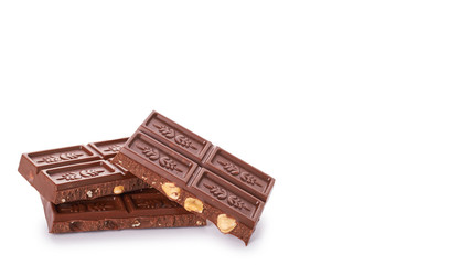 chocolate bar with nuts isolated on white background. copy space, template