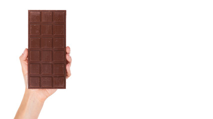 chocolate bar with nuts in hand isolated on white background. copy space, template