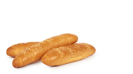 Light and delicious baguette bread isolated on white background, home made food with sesame. copy space, template