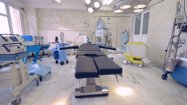 Equipment and medical devices in operating room.
