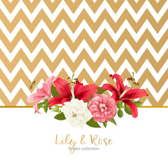 rose and lily wedding invittion. vector card.
