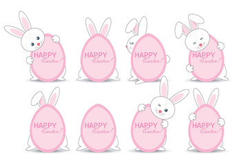A set of Easter bunnies hiding behind a pink egg with an Easter holiday inscription. Vector illustration