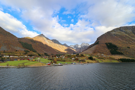The village of Urke in Norway. Urke is located in the beautiful Hjorundfjorden fjord in Orsta Municipality in More og Romsdal county, Norway. 