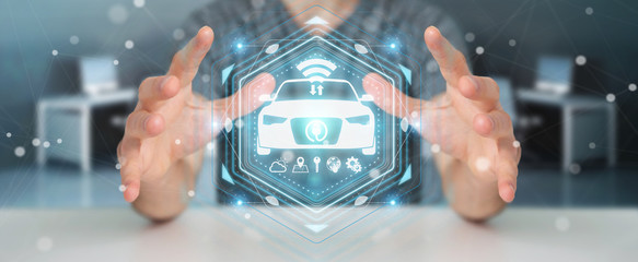 Businessman using modern smart car interface 3D rendering