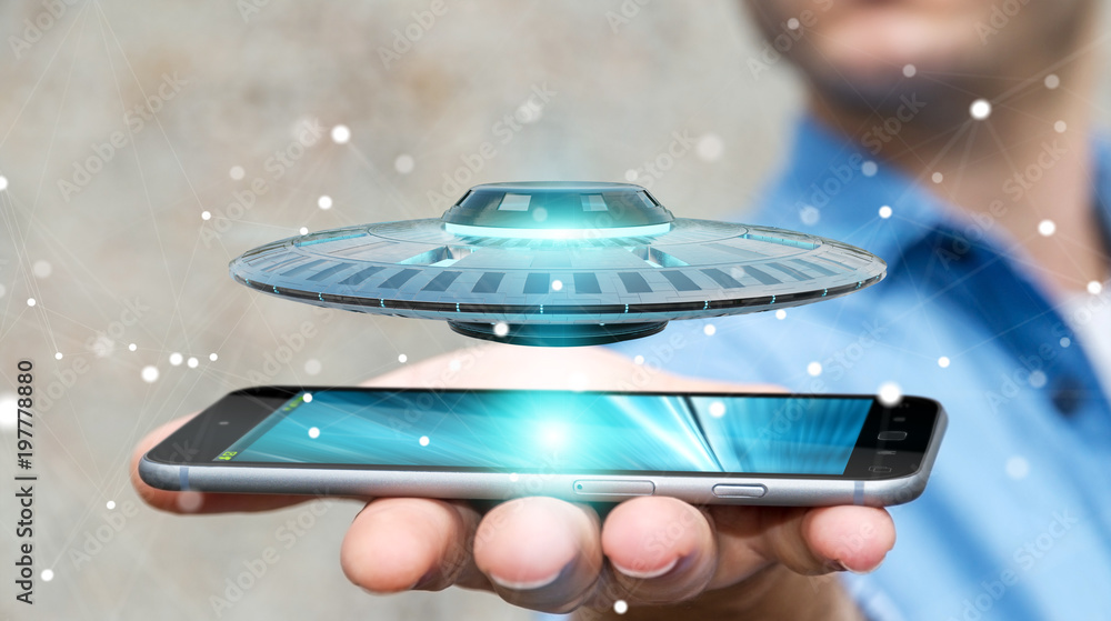 Poster businessman with retro ufo spaceship 3d rendering