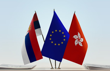 Flags of Serbia European Union and Hong Kong