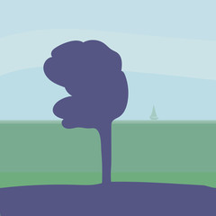 Lonely purple-blue tree in the wind against the backdrop of a distant sea horizon, lonely Boat under sail and a blue light sky
