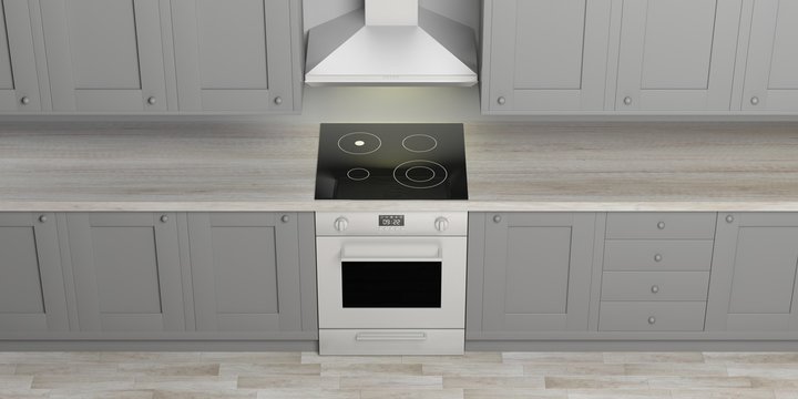 Kitchen cabinets and eletric oven with ceramic hob, wooden floor, view from above. 3d illustration