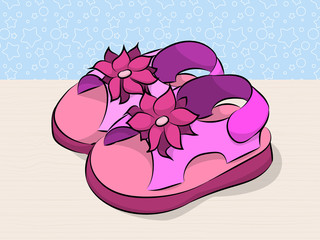 Childrens pink sandals. Brochure for fashion. Vector