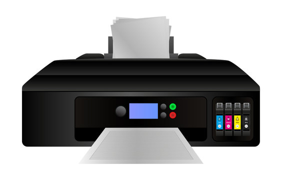 Vector illustration of home digital inkjet printer with cmyk ink cartridges