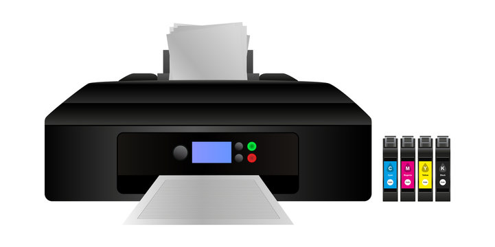Vector illustration of home digital inkjet printer with cmyk ink cartridges