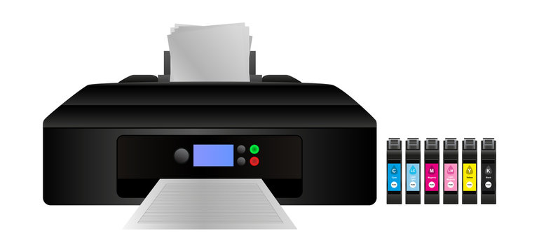 Vector illustration of home digital inkjet printer with cmyk and other light inks for a larger gamut