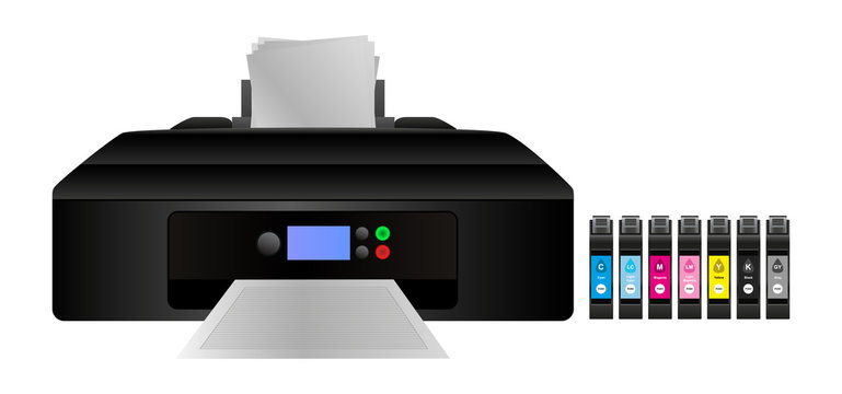 Vector illustration of home digital inkjet printer with cmyk and other light inks for a larger gamut