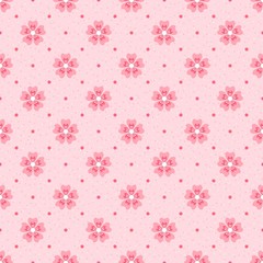 Seamless polka dot pattern. Pink cherry blossom on light textured background. Retro style