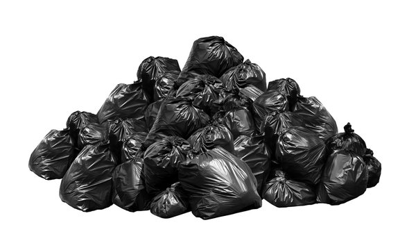 Black garbage bags many mountain stack hill, Lots pile of Garbage dump black bags isolated on white background