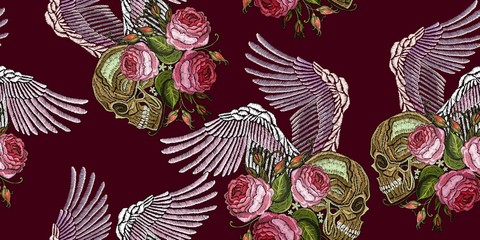 Embroidery music seamless pattern Human skull, angel wings and roses gothic art background. Fashionable embroidery music art pattern, woman t shirt design