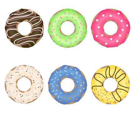 A set of multicolored delicious donuts with different sprinkling and glaze. Vector.