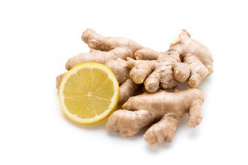 Ginger bio and lemon on white background.