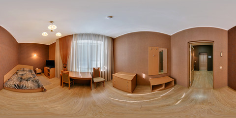 Panorama 360 angle view in small guest room hotel in dark style color. Full 360 by 180 degrees seamless equirectangular equidistant spherical panorama. vr ar content