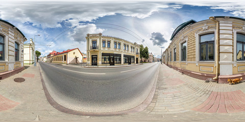 Panorama 360 angle view old beautiful with restored facade building. Urban of 19th century. full 360 degree panorama in equirectangular spherical  projection.  VR content