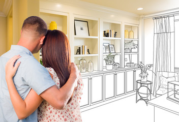 Young Military Couple Facing Custom Built-in Shelves and Cabinets Design Drawing Gradating to...