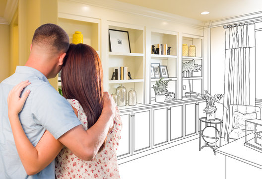 Young Military Couple Facing Custom Built-in Shelves and Cabinets Design Drawing Gradating to Finished Photo