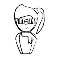 sketch of cartoon woman with sunglasses and kerchief over white background, vector illustration