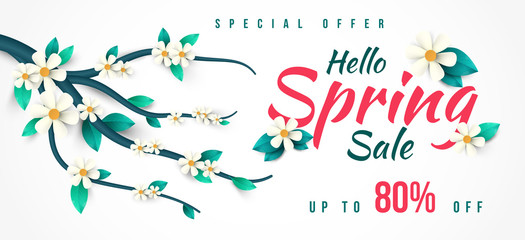 Fototapeta na wymiar Spring Sale Banner with green leaf and colorful flowers. Vector Design for your greetings card, flyers, web banner , invitation, posters, brochure, banners, calendar, spring sale.