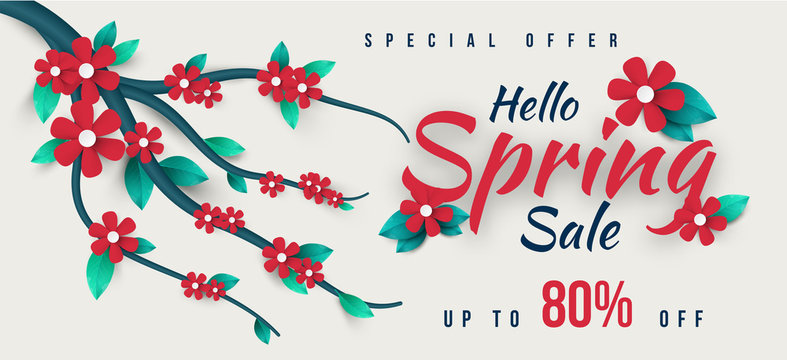 Spring Sale Banner with green leaf and colorful flowers. Vector Design for your greetings card, flyers,  web banner , invitation, posters, brochure, banners, calendar, spring sale.