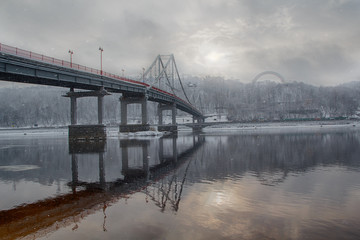 Bridge and the river Dnieper in winter. Kiev, Ukraine