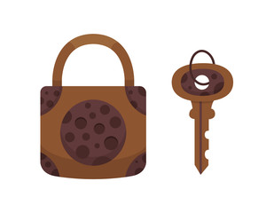 Vintage key and lock. Vector illustration cartoon padlock. Secret, mystery or safe icon.