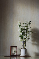 Flowers of White Nobile Dendrobium and frame on the table in the room