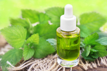 Lemon balm (melissa) essential oil on leaves background, selective focus, shallow DOF