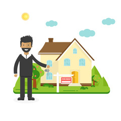 Banner for sales, advertising house, cottage with trees, agent with keys.