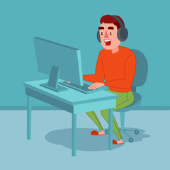 Fototapeta na wymiar Happy Young Man with Headphones Playing Computer Game. Guy Gamer. Online Streaming. Vector illustration