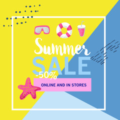 Summer Sale Banner with Beach Elements. Discount Poster Template. Hand Drawn Promotional Design for Flyer, Cover, Placard. Vector illustration