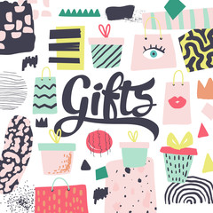 Fashion Design with Presents and Gift Boxes. Shopping Background with Gifts and Abstract Elements for Covers and Decor. Vector illustration