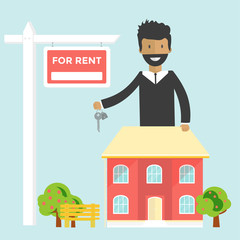 Banner for sales, advertising house, cottage with trees, agent with keys.