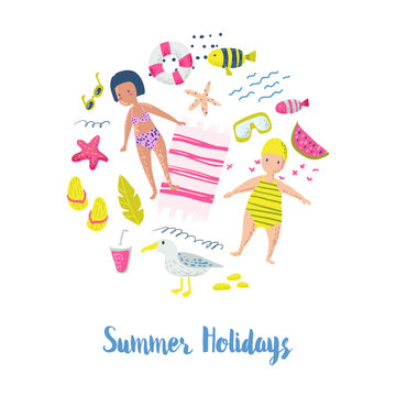 Childish Summer Beach Vacation Card with Kids, Fish and Birds. Cute Background with Sea Creatures for Decor, Greetings, Postcard, Poster. Vector illustration