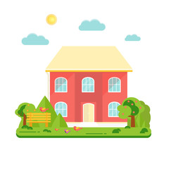 Fototapeta premium Abstract spring background with cozy home, house, cottage, with trees, flowers, bench